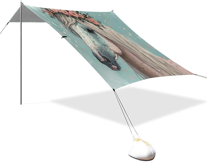 Grey Horse with Floral Beach Tent Sun Shelter 9.2' x 10.5' Beach Canopy with 4 Sandbags 4 Stability Poles Sand Shovels - Tent Canopy for Beach Camping Fishing Picnics