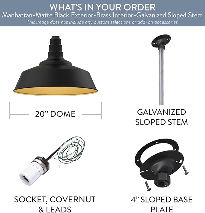 Steel Lighting Co. Manhattan Warehouse Light | Ceiling Mounted Pendant | 20 inch Dome | 12 inch Sloped Stem | Large Steel Barn Light Made in America | Matte Black Exterior/Brass Interior