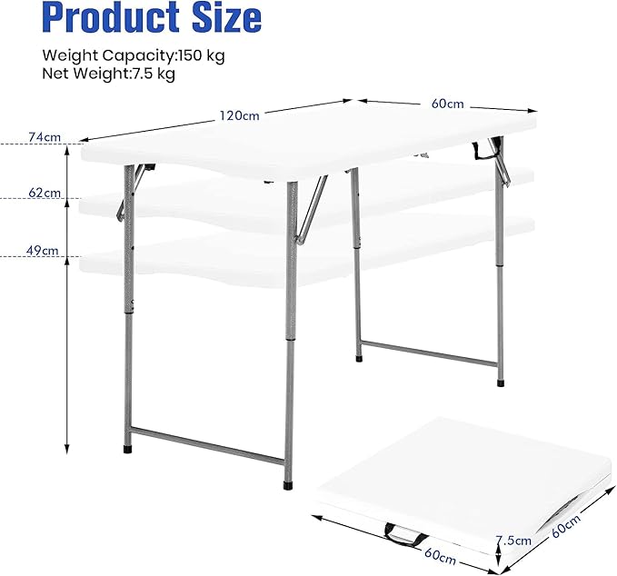 Camping Table Folding Camping Table 3-Level Adjustable Height Party Picnic Table with Carrying Handles Portable Outdoor Indoor BBQ Dining Table 150kg Load Capacity