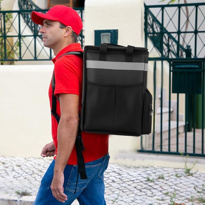 Food Delivery BagLarge Insulated Backpack for Doordash/Uber Eeats Expandable Cooler Bags for Bike/Motorcycle with Reflective Strip and Cup HoldersReusable Pizza Food Delivery Bag with Hand Straps