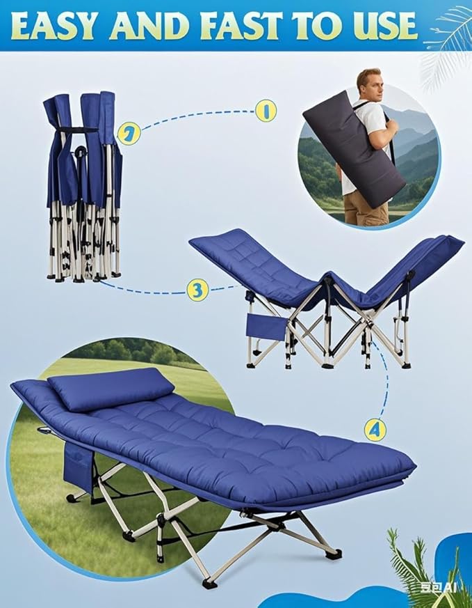 WLIVE 1200D Double Layer Oxford Camping Cots for Adults Portable Camping Cot Bed with Mattress for Sleeping Outdoor Folding Bed with Carry Bag for Resting Camping Dark Blue