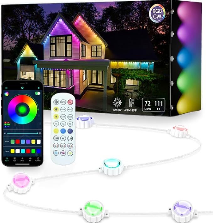 Permanent Outdoor LightsSmart RGB Outdoor Lights with Remote APP Control 100 Ft with 72 LED IP67 Waterproof Outside Light for House for Holiday Party Dailyy(unconnectable)
