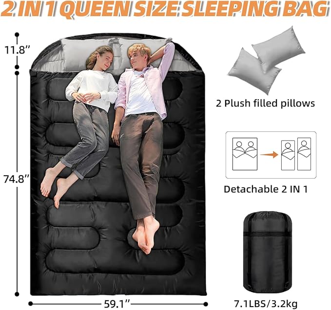 Double Sleeping Bags for Adults 2 Person Camping Sleeping Bag for Cold &amp Warm Weather
