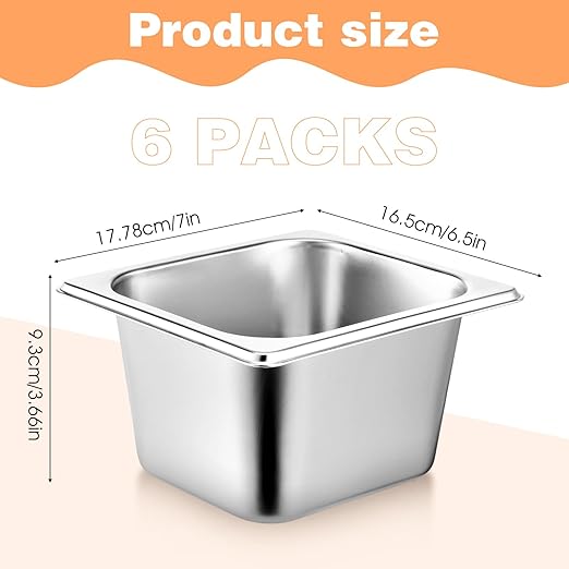 6 Pack Hotel Pans 1/6 Size 4 Deep Steam Table Pan Stainless Steel Hotel Pans for Buffet Restaurants Catering