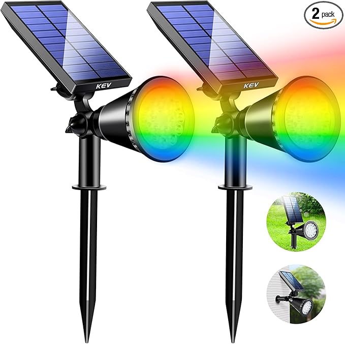 KEV Solar Spot Lights Outdoor18 LEDs Color Changing RGB Solar Flood Lights with 8 Modes &ampIPX65 WaterproofHalloween Solar Spotlight for Driveway/Backyard/Landscape/Tree(Multicolor2 Pack)