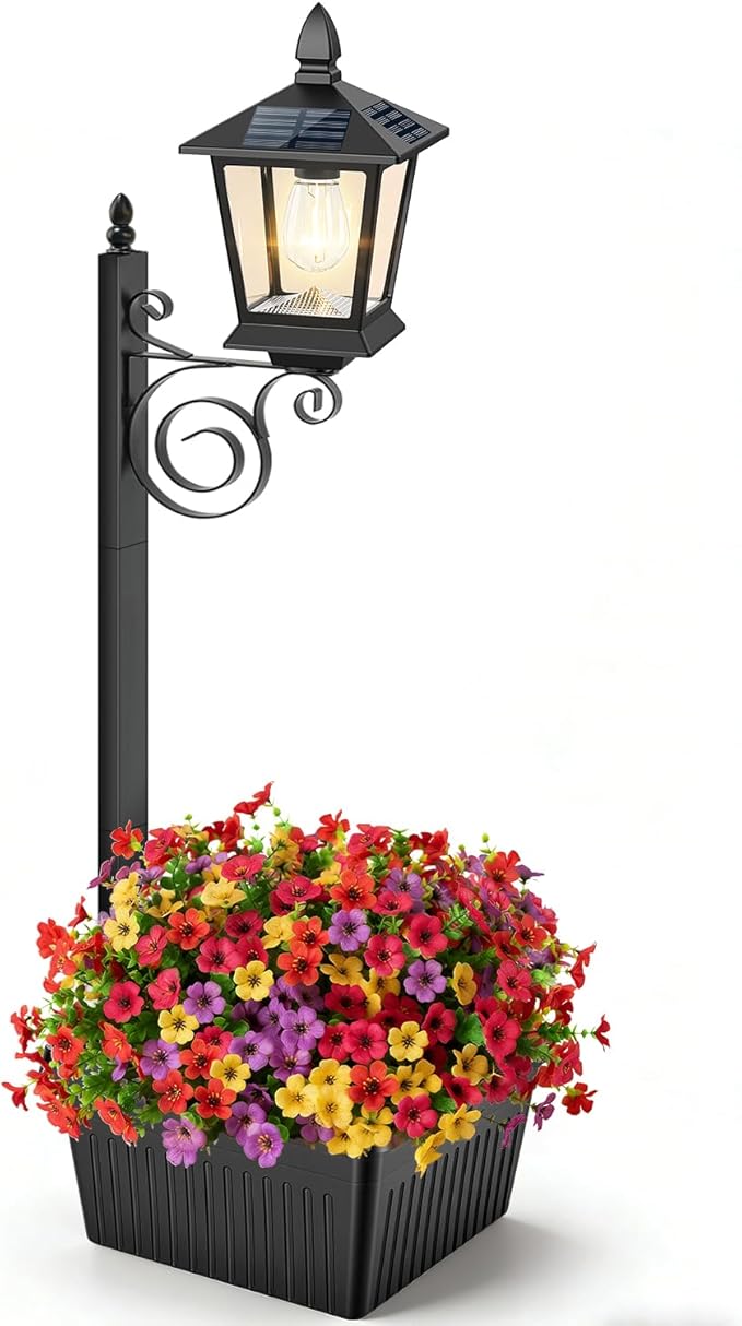 2 in 1 Outdoor Flower Pots 35” Solar Lamp Post Light with Planter Metal Pole &amp IP65 Waterproof Freestanding Outdoor Planters Decorative Solar Lamp for Outside Front Door Yard 1-Pack