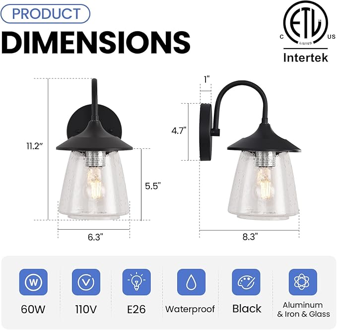 Outdoor Wall Sconce Exterior Waterproof Wall Light Fixture Outside Porch Light with Bubble Glass Shade Matte Black Outdoor Wall Lantern for Patio Garage entryway 2-Pack