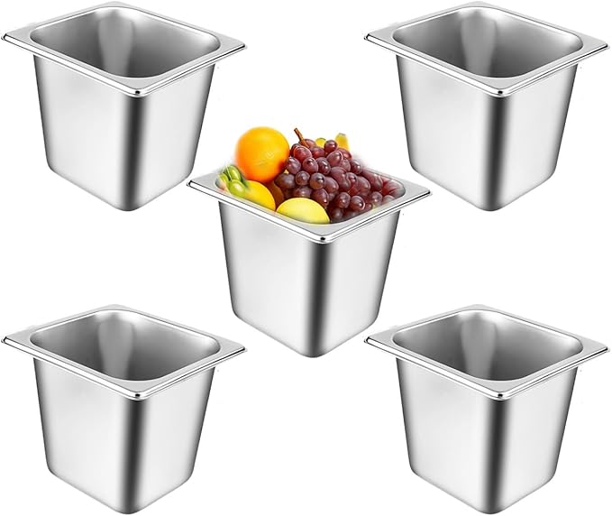 5 Pack Stainless Steel Hotel Pans1/6 Size6 Deep Steam Table PanCommercial Food Storage Containers Stackable Metal Steamer Pan for Hotel Restaurant Buffet Party (1/6 Size x 6 Deep)