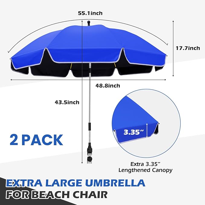 2Pack 48.8 inch Large Beach Umbrella with Clamp Sun Shade for Beach Chair 360°Adjustable UV Protection Golf Umbrella with Clip for Outdoor Stroller Wheelchair Camping Chair