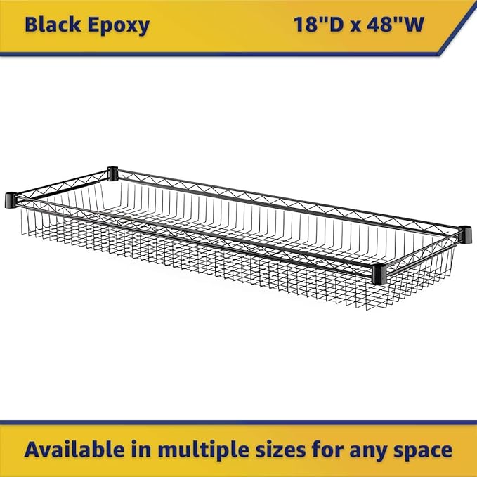 18 x 48 Black Wire Shelf Basket NSF Storage Basket for Shelving Units 600 lb Capacity