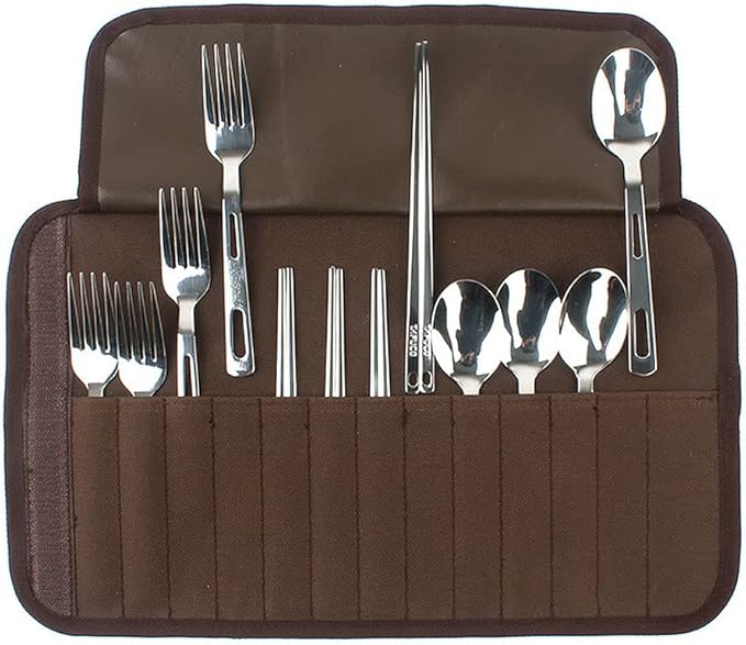 13 Piece Stainless Steel Family Cutlery Picnic Utensil Set with Travel Case for Hiking Camping Hiking Barbeque Travelling Forks Spoons Chopsticks for 4 Persons