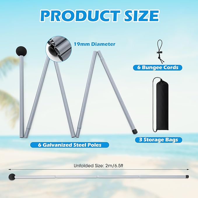 6 Pack Replacement Beach Tent Poles 6.5ft Canopy Foldable Poles with Foam Ball for Accessories Camping Hiking Backpacking Parties
