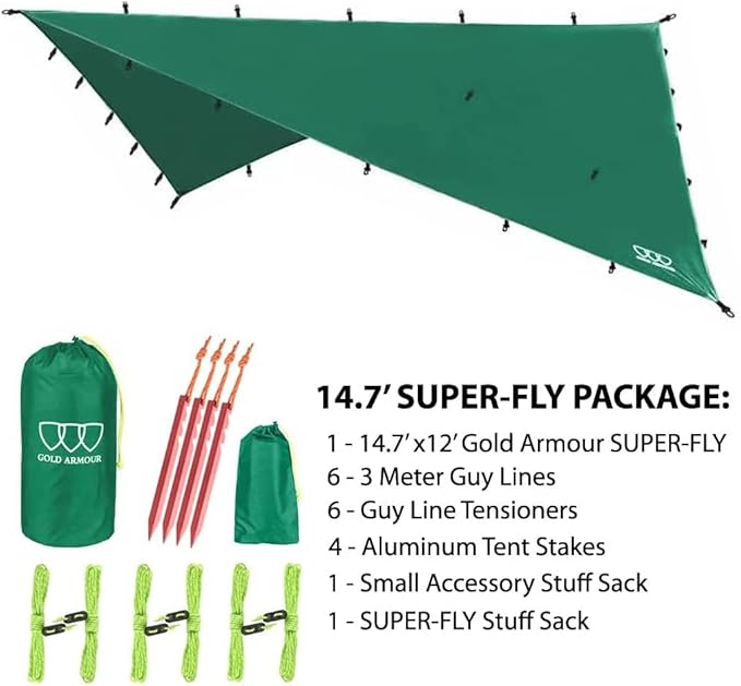 Gold Armour Rainfly Tarp Hammock Premium 14.7ft/12ft/10ft/8ft Rain Fly Cover Waterproof Ultralight Camping Shelter Canopy Survival Equipment Gear Camping Tent Accessories (Green 14.7ft x 12ft)