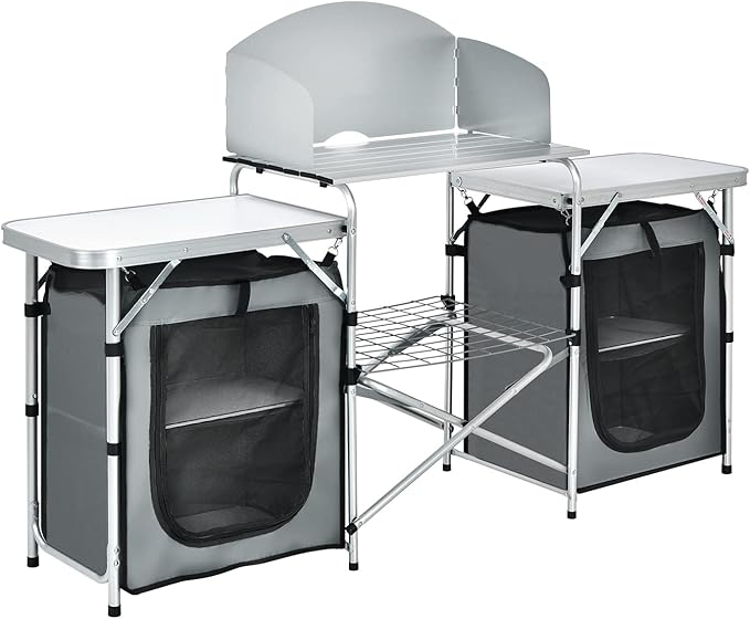 Giantex Camping Kitchen Station Folding Grill Table with 26'' Tabletop 2 Side Tables Storage Organizer Detachable Windscreen Portable Camp Cook Outdoor Prep Station Backyard BBQ Picnic (Grey)
