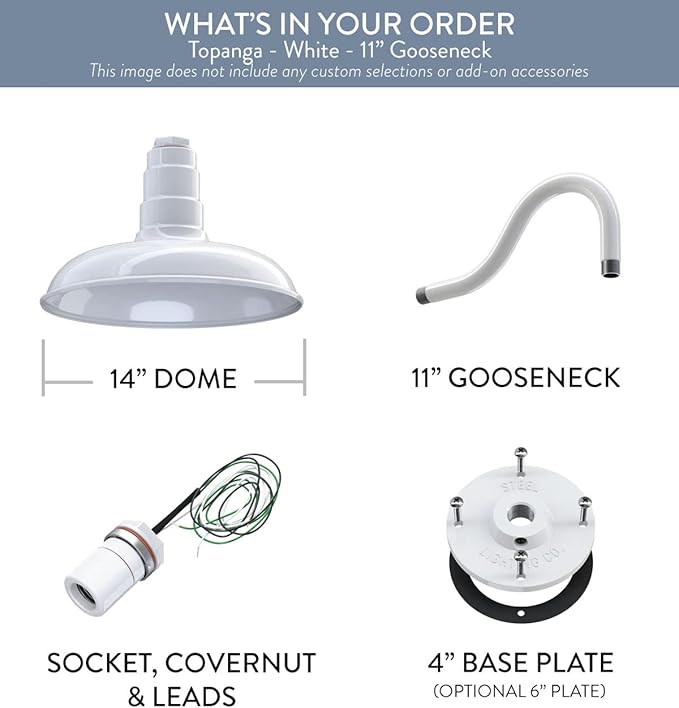 Steel Lighting Co. Topanga Barn Light | Outdoor Wall Mounted | Farmhouse Garage Light Made in America | 14 inch Dome | 11 inch Gooseneck | White Exterior/White Interior