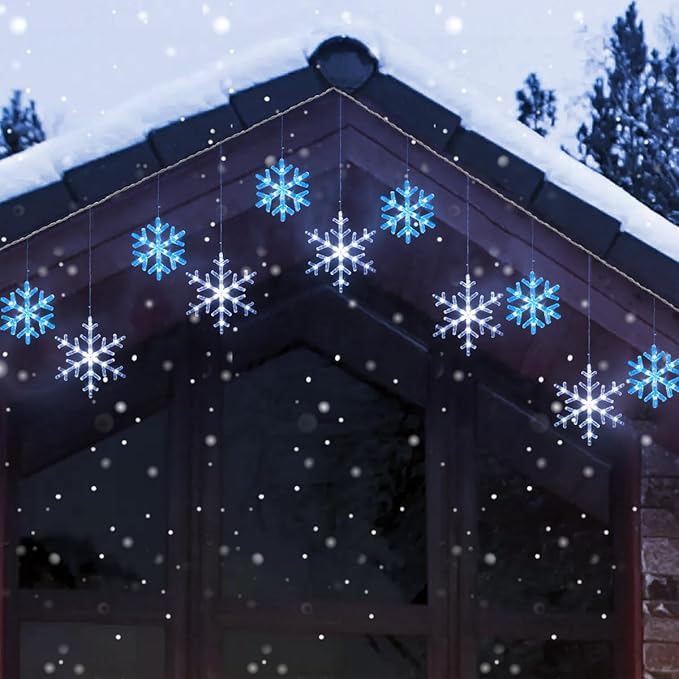 Christmas Snowflake Icicle Lights-9ft 150LED Twinkling Christmas Lights with Timer Waterproof Connectable Hanging 10 Drop for Eave Window Porch Xmas Indoor Outdoor Decoration (Blue and White)