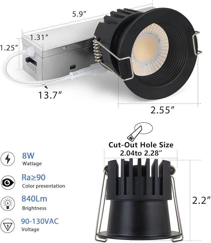 Adetu 2 Inch 5CCT Black Anti-Glare LED Downlight with Junction Box 2700K/3000K/4000K/5000K Selectable CRI90+ 8W COB 840LM IP65 Waterproof Dimmable-ETL and Energy Star Certified (Black1 Pack)