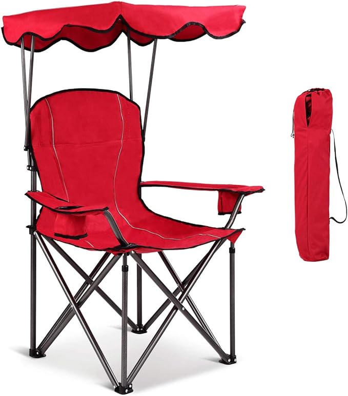 Goplus Camping Chair with Canopy Shade Folding Lawn Chair with Umbrella Cup Holder &amp Carry Bag Portable Sunshade Chair for Adults for Beach Outdoor Travel Hiking Fishing (Red)