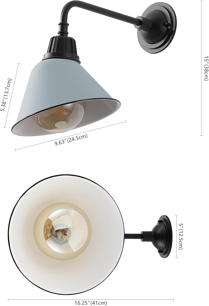JONATHAN Y 9.63 Matte Silver Blue/Black Farmhouse Outdoor Sconce Industrial LED Wall Light Gooseneck Arm Barn Lamp with Metal Bell Shade for Porch Patio Kitchen LED Bulb Included (JYL7612K)