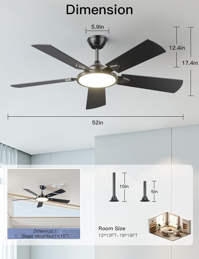 OJX Ceiling Fans with Lights 52 inch Ceiling fan with Light and Remote/APP Control 3CCT Quiet DC Reversible Dimmable Modern Ceiling Fan for Bedroom Living Room Kitchen Indoor/Outdoor Use