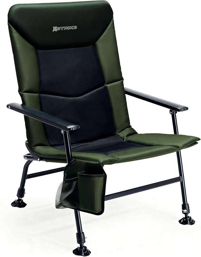 X Strike Oversized Folding Fishing Chair with Rod Holder Heavy Duty 350LBS Feet Adjustable Padded Camping Chair with Cup Holder Side Pocket Hard Armrest