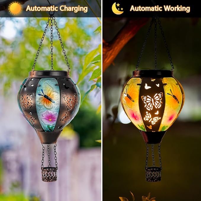 DREAMSOUL Butterfly Hot Air Balloon Solar Lantern Glass &amp Metal Outdoor Lantern Hanging Solar Lanterns Outdoor Waterproof for Garden Patio Party