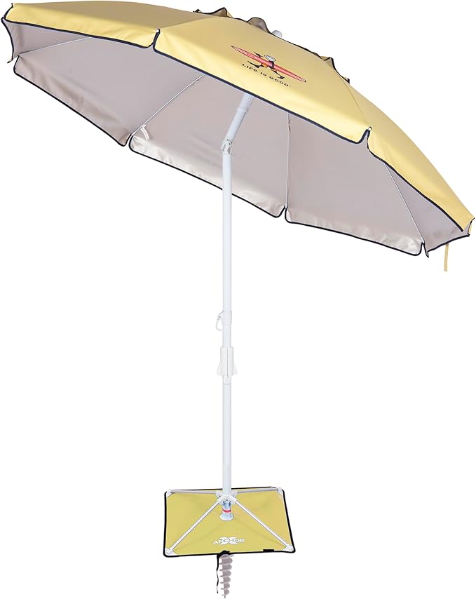 Life is Good 6.5' Outdoor Beach Umbrella with ANCHORX Heavy Duty High Wind Stability Sand Anchor and Carrying Bag