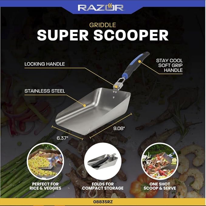 Razor Griddle Food Scooper Multi-Purpose Stainless Steel Griddle Food Mover Extra-Large Scooper for Bulk Meals Vegies for Outdoor Cooking BBQ Grilling Shovel Spatula for Stir Fry &amp More -088