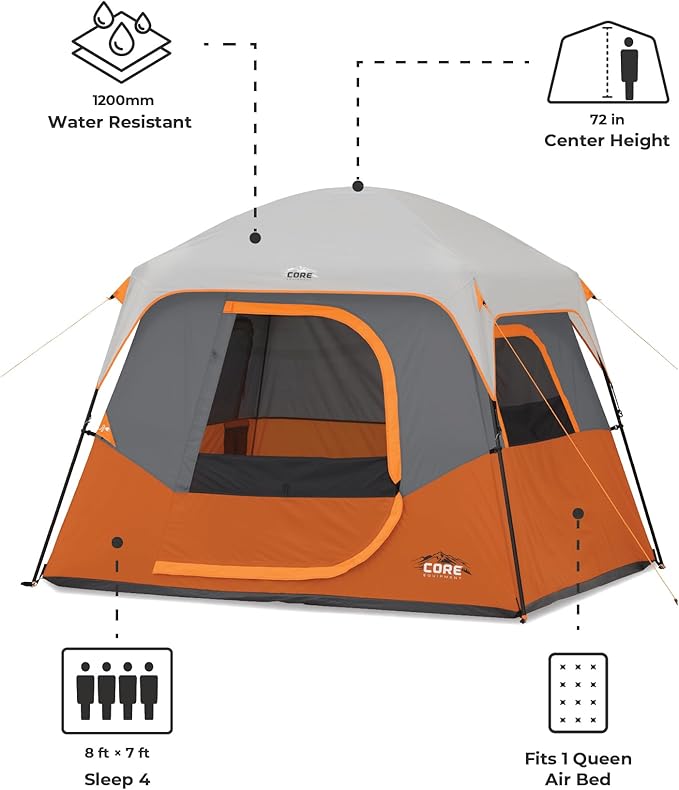 CORE Tent for Family Camping | 4 Person &amp 6 Person Portable Camp Tent with Carry Bag for Outdoor Car Camping | Included Gear Loft Organizer for Camp Accessories