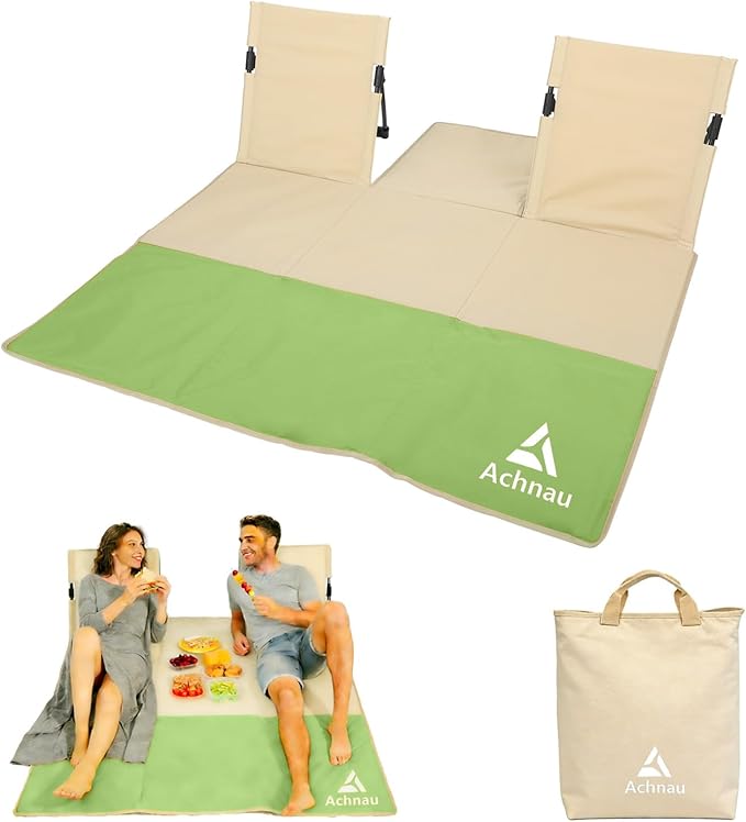Beach Mat Lounge Chair 2-Person Foldable Lightweight Lounge Mat with Back Support600D Oxford 49x49 Widen Beach Seat Storage Bag for Holidays Garden Camping Swimmingpool (Khaki &amp Green)