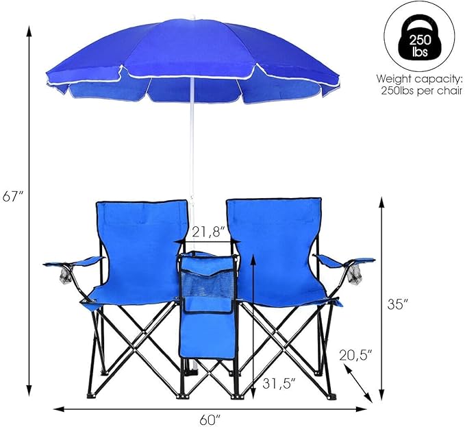 FFlyer Folding Camping Chair 2-Seater Beach Chair w/Umbrella &amp Ice Bag &amp Cup Holder &amp Carrying Bag Double Camp Chair w/Steel Frame &amp Oxford Fabric Portable Chair Ideal for Picnic/Pa