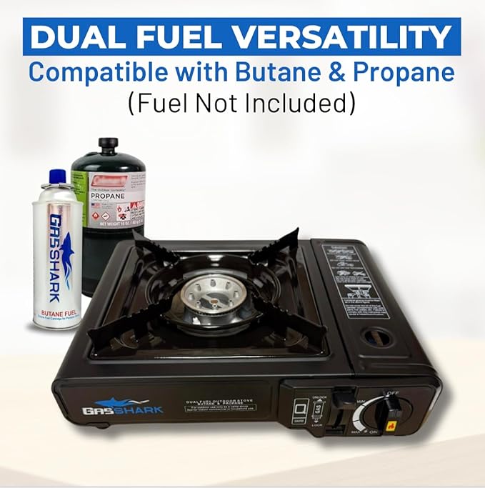Dual Fuel Propane or Butane Portable Stove | 12000 BTUs | Camping Stove | Outdoor Cooking and Emergency Kit | Propane Hose and Carrying Case Included