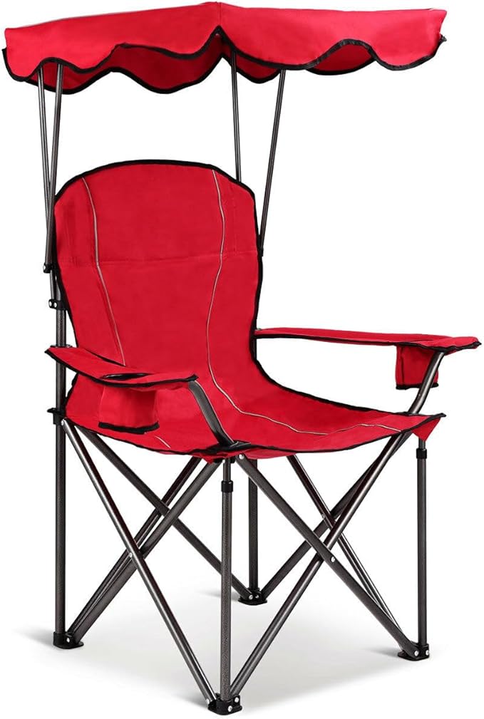 COSTWAY Portable Camping Chair with Canopy Outdoor Lawn Chair with Shade Carry Bag Cup Holder for Travel Picnic Beach (Red)