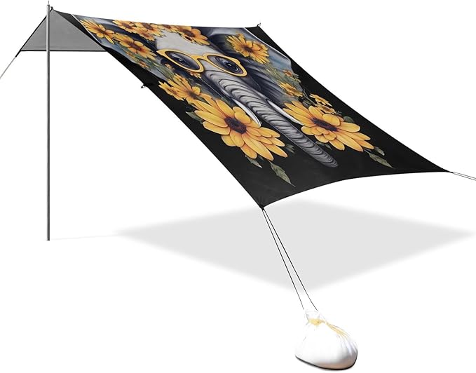 ALAZA Funny Elephant Sunflowers Beach Tent Sun Shelter UPF50+ Protection Beach Shade Canopy w/ 4 Sandbags for Outdoor Camping Fishing Backyard Fun Picnic 10x9 ft