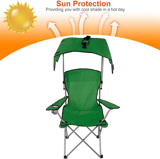 Foldable Beach Canopy Chair Camping Chair Fishing Camp Outdoor Lawn Chair Sun Protection 330LBS Load Folding Camping Canopy Shade Seat with Cup Holder For Beach Poolside Travel Picnic (Green)