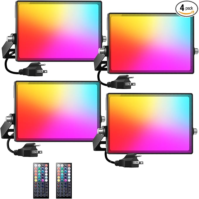 Onforu LED Flood Light Outdoor 800W Equivalent 100W Color Changing RGBW Floodlight with Remote Stage Lights Uplights for Events IP66 Uplighting Spotlight Floor Strobe Light for Christmas 4 Pack