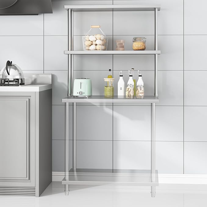 GAOMON 12 x 36 Stainless Steel Overshelf - 2 Tier Kitchen Overshelf for Prep &amp Work Table Commercial Double Deck Overshelf with Adjustable Shelf for Kitchen Restaurant Garage