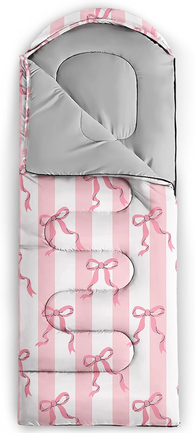 Girls Bow Sleeping BagPink Bowknot Waterproof Portable Camping BagPink and White Stripes Girly Portable Compact with Compression Sack for Backpacking Outdoor Indoor in Spring Summer Fall