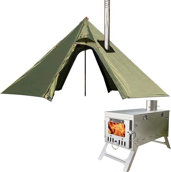 DANCHEL OUTDOOR Backpacking Hot Tent w/Stove Jack Portable Tipi Tent with T6 Titanium Folding Wood Stove for 1-4 Person Winter Camping Hunting3m/4m