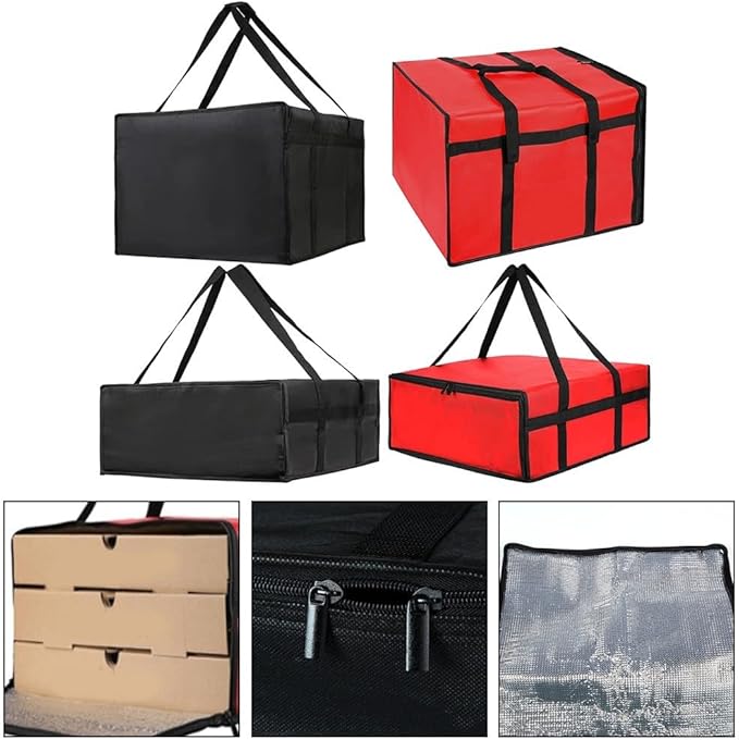 Insulated Pizza Delivery Bag Large Capacity Non-Woven Fabric Thick Foam Padding Heat Retention Water-Resistant Transparent Order Pocket Wristband Opening(Black 50 * 20.5CM)