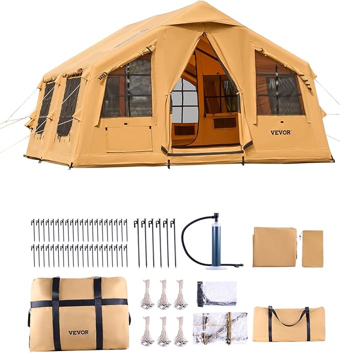 VEVOR Inflatable Tents for Camping Easy Setup Blow up Tent with Hand Pump 4 Season Glamping Tent with Stove Jack Doors &amp Mesh Windows Storage Bag Included for Easy Taking