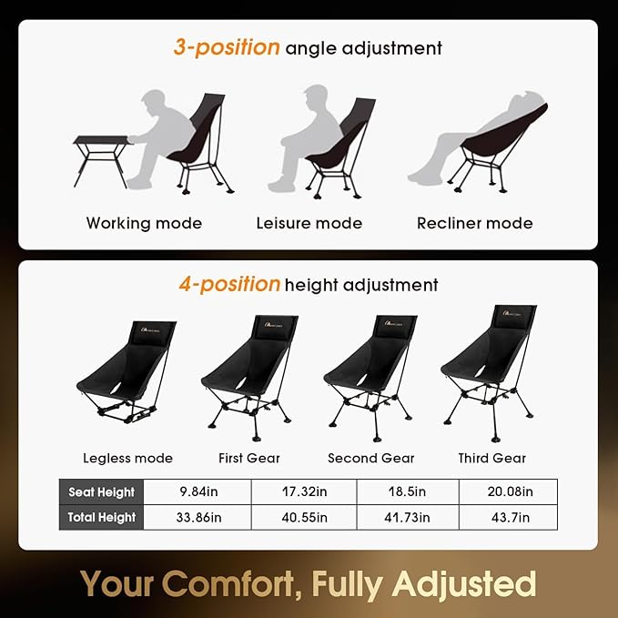 MOON LENCE High Back Folding Camping Chairs Height-Adjustable Widened Seat for Beach with Anti-Sinking Feet