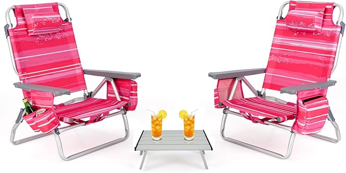 Backpack Beach Chair 5 Position Adjustable Camping Chairs with Aluminum Table Head Pillow Cooler Bag Cup Holders Folding Beach Chairs for Adults (with Table Pink Stripe)
