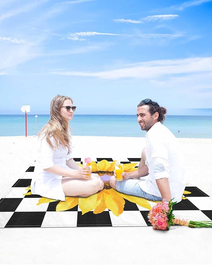 Beach Blanket Waterproof Sandproof Watercolor Sunflower on Checkered Quick Drying Beach Mat with 4 Stakes Yellow Black White Lightweight Picnic Blanket for Travel Camping Outdoor 118x108
