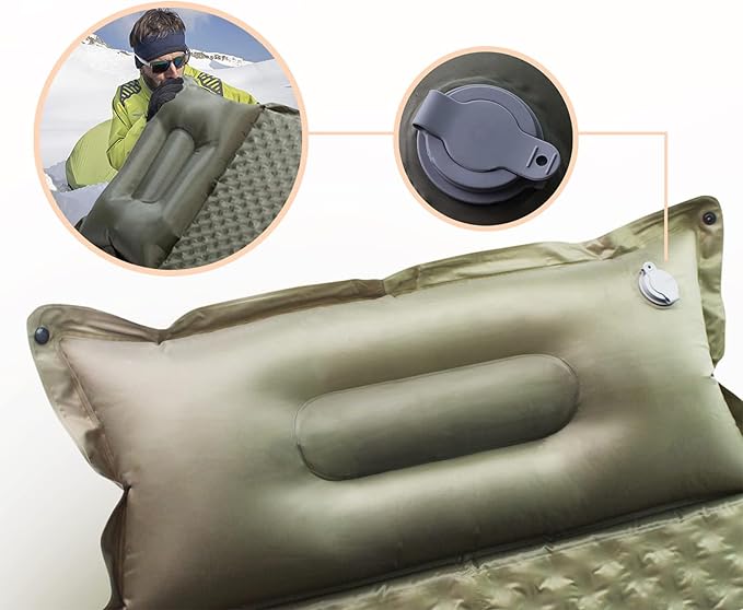 Double Camping Sleeping Pad with Pillow 2 Memory Foam Camping Mattress 2 Person 5R Insulated Self Inflating Camping Pad Air Mattress Inflatable Sleeping Mat for Tent Backpacking Hiking (Blue)