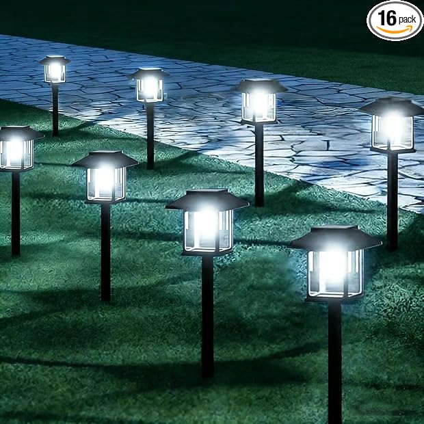 16-Pack Solar Lights Outdoor (Extra-Bright &amp Smart Auto On/Off) Solar Powered Garden Lights Waterproof Solar Pathway Lights for Landscape Path Yard Patio Driveway Walkway Decor (Cool White)
