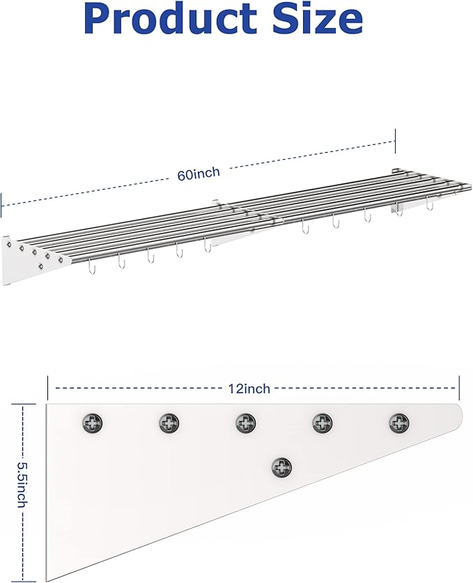 Floating Shelves for Wall NSF Commercial Wall Shelf 12 x 60 Shelf Pot Rack with Backsplash &amp 10 Hooks Stainless Steel Floating Shelves for Hanging Pots Pans Cookware