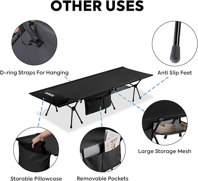 ICECO Camping Cot for Adults Height Adjustable with Cot Leg Extenders Strong Support 330lbs 900D Oxford Fabric Ultralight Comfortable Sleeping Bed for Camping Hiking Beach Home (L-Black)