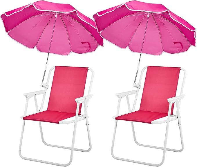Folding Beach Chair with Umbrella – Portable Lightweight Lounge Chair for Adults with High Back &amp Heavy-Duty Frame UPF Sun Protection for Beach Camping Park Concerts (Pink)