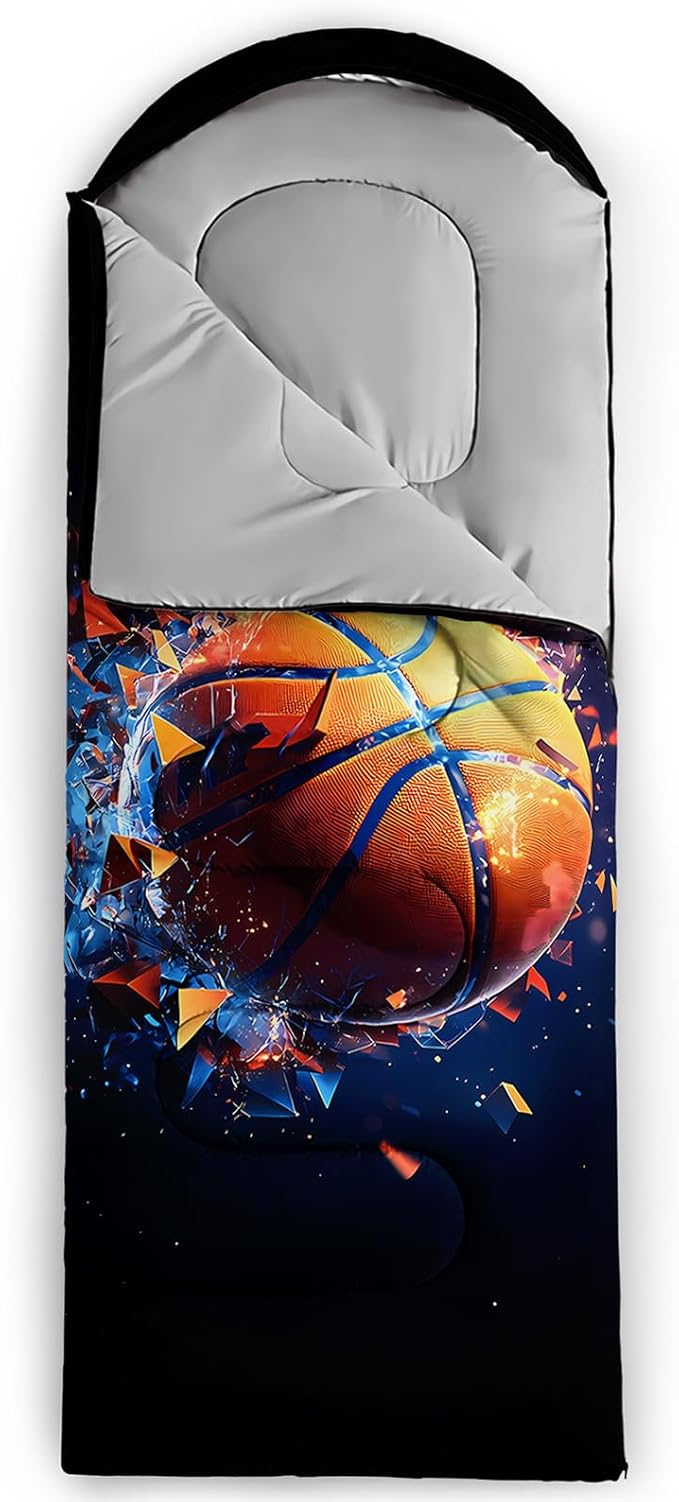 AILONEN Sports Basketball Sleeping Bag for Kids BoysWarm and Cool WeatherLightweightWaterproof Backpacking3D Galaxy Ball Print Sleeping Bag for Camping